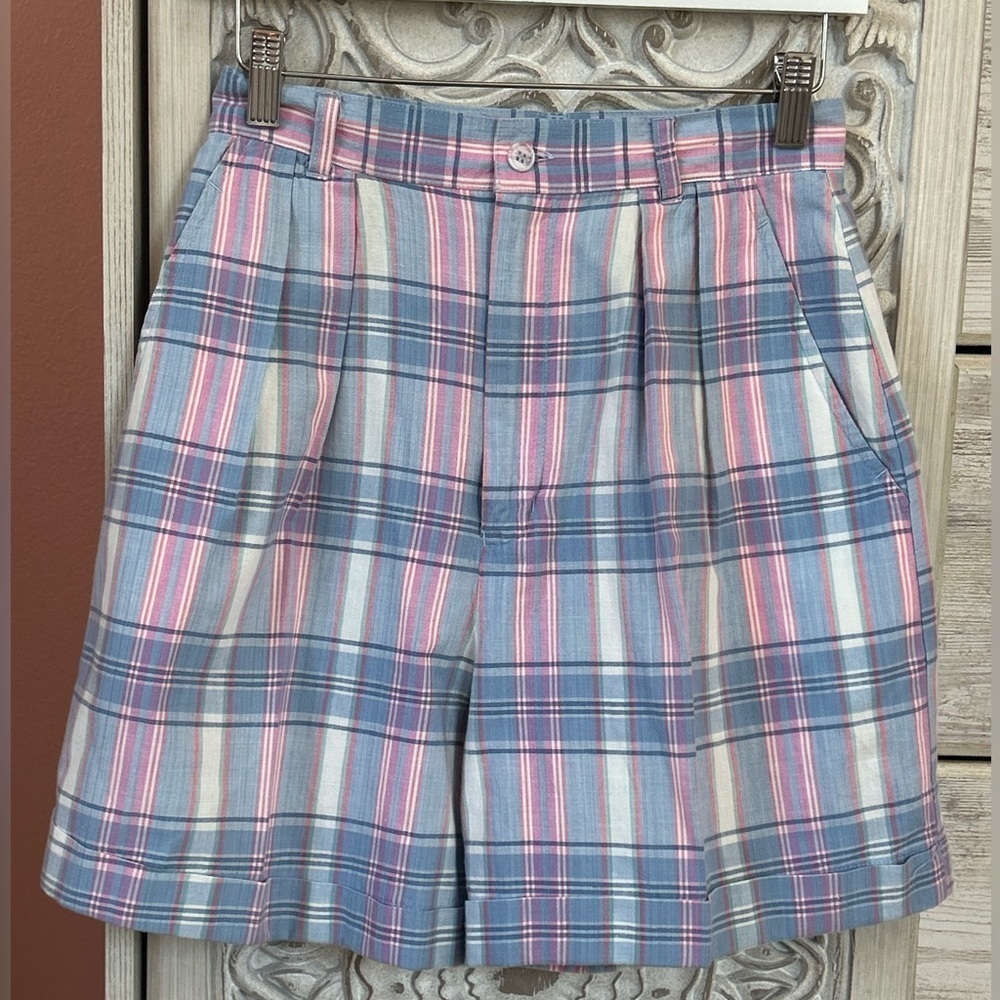 VTG 80s Barbiecore pastel plaid high-waisted pleated front preppy shorts 9/10